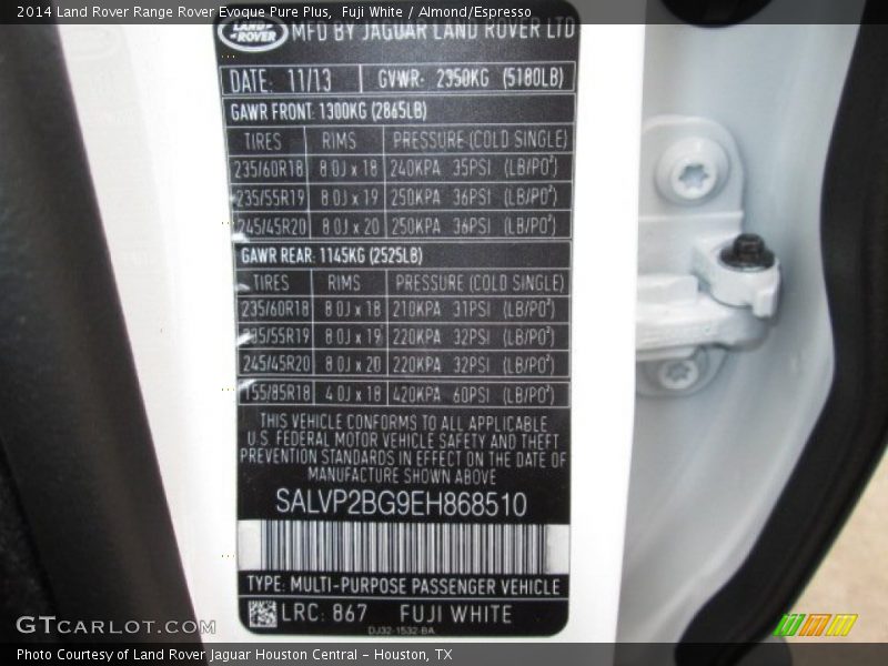 Fuji White / Almond/Espresso 2014 Land Rover Range Rover Evoque Pure Plus