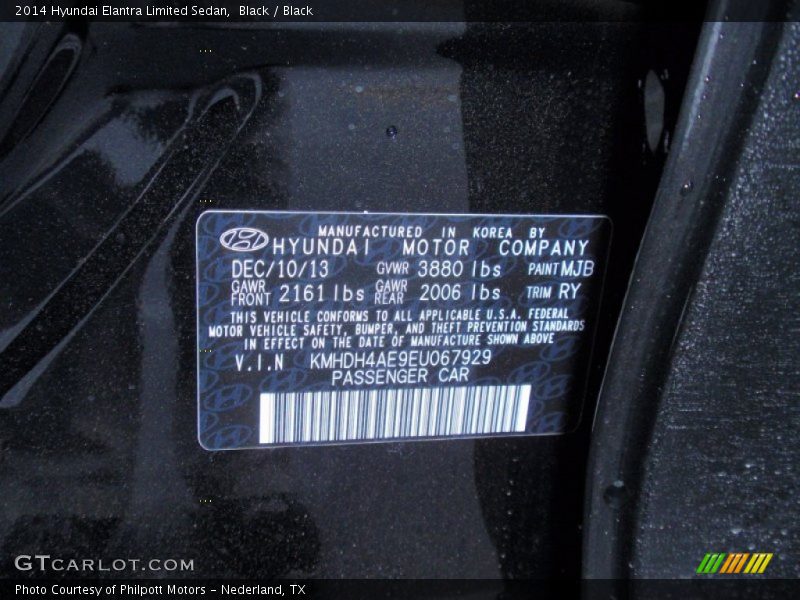 2014 Elantra Limited Sedan Black Color Code MJB