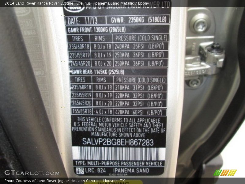2014 Range Rover Evoque Pure Plus Ipanema Sand Metallic Color Code 824
