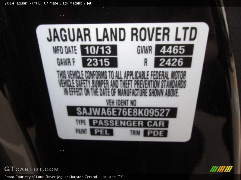 2014 F-TYPE  Ultimate Black Metallic Color Code PEL