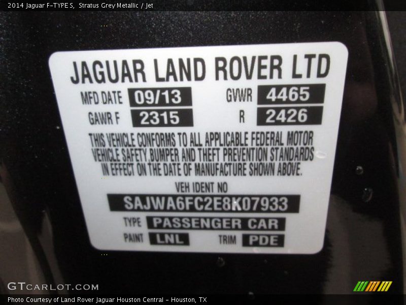 2014 F-TYPE S Stratus Grey Metallic Color Code LNL