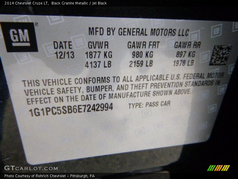 Black Granite Metallic / Jet Black 2014 Chevrolet Cruze LT