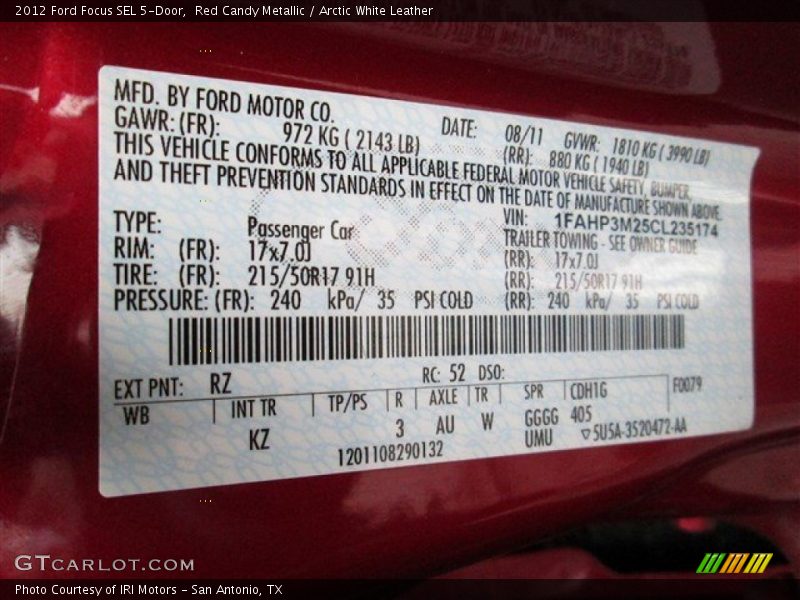 2012 Focus SEL 5-Door Red Candy Metallic Color Code RZ