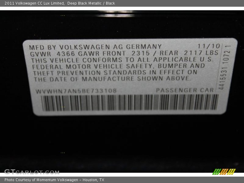 Deep Black Metallic / Black 2011 Volkswagen CC Lux Limited