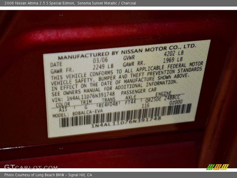 Sonoma Sunset Metallic / Charcoal 2006 Nissan Altima 2.5 S Special Edition