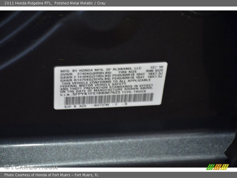 Polished Metal Metallic / Gray 2011 Honda Ridgeline RTL