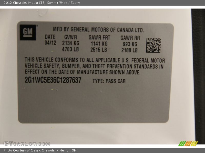 Summit White / Ebony 2012 Chevrolet Impala LTZ