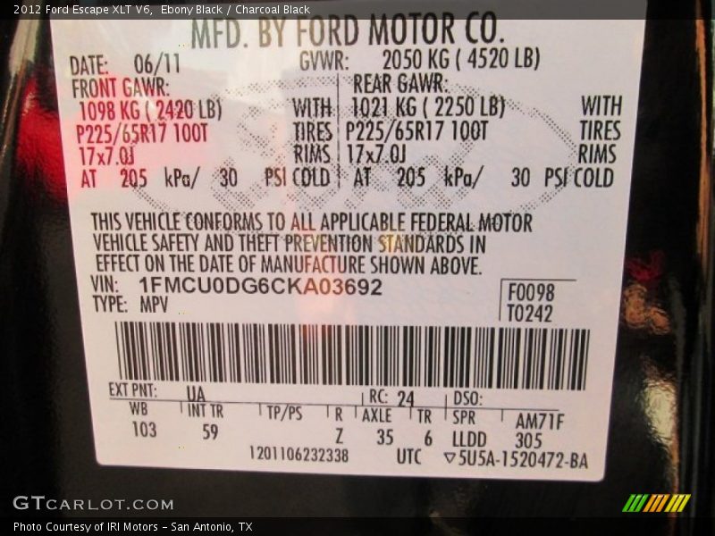 Ebony Black / Charcoal Black 2012 Ford Escape XLT V6