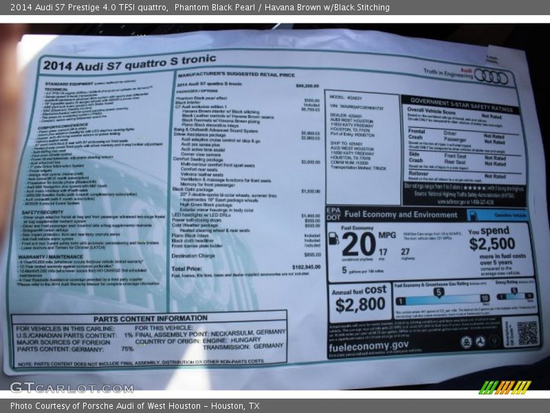  2014 S7 Prestige 4.0 TFSI quattro Window Sticker