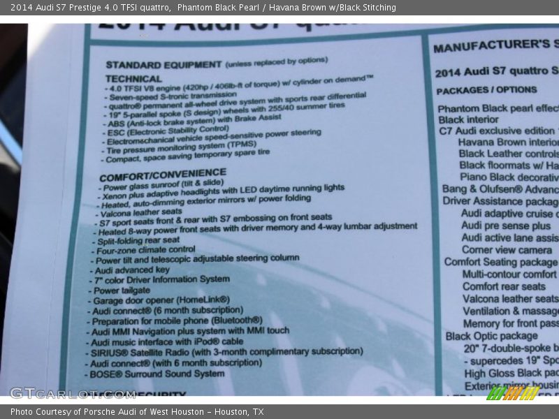  2014 S7 Prestige 4.0 TFSI quattro Window Sticker