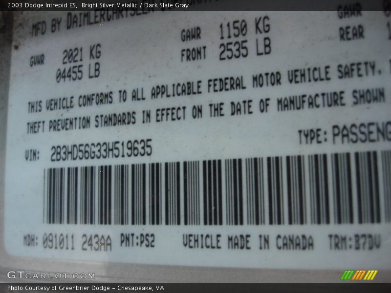 2003 Intrepid ES Bright Silver Metallic Color Code PS2