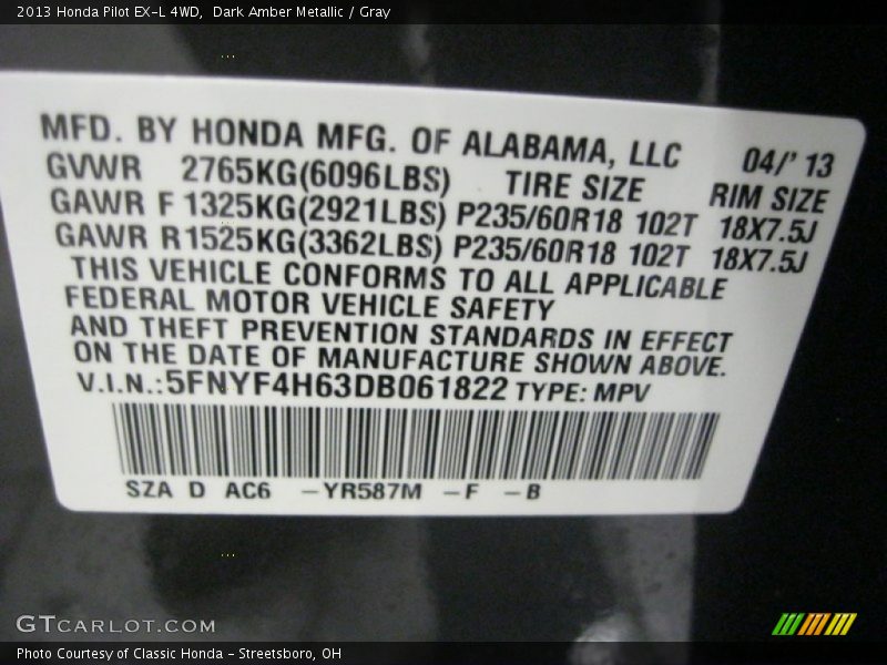 Dark Amber Metallic / Gray 2013 Honda Pilot EX-L 4WD