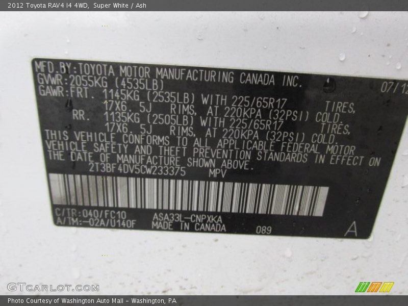 Super White / Ash 2012 Toyota RAV4 I4 4WD