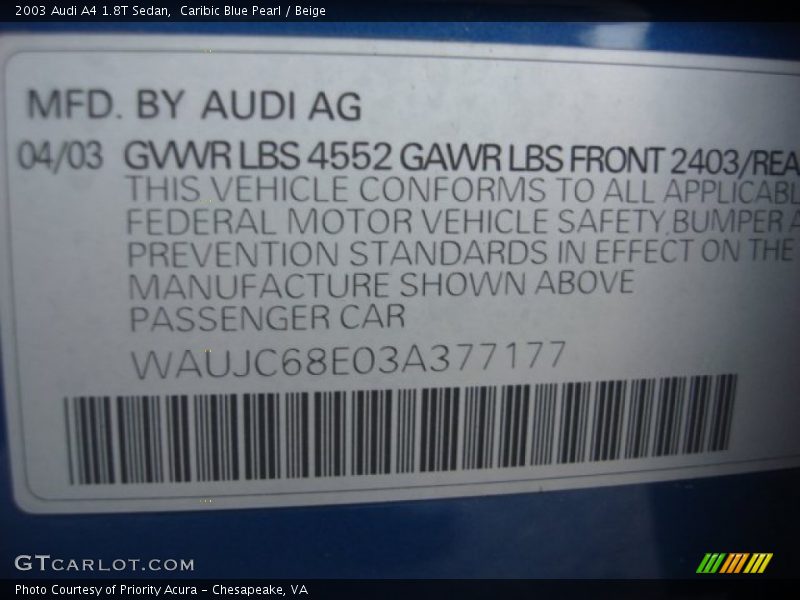 Caribic Blue Pearl / Beige 2003 Audi A4 1.8T Sedan