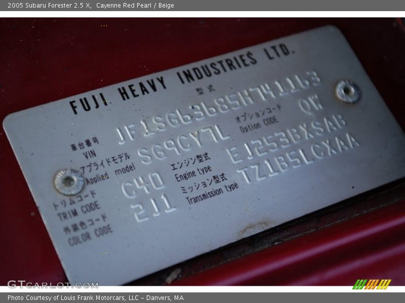 Info Tag of 2005 Forester 2.5 X