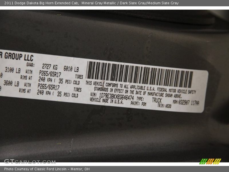 Mineral Gray Metallic / Dark Slate Gray/Medium Slate Gray 2011 Dodge Dakota Big Horn Extended Cab