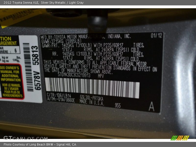 Silver Sky Metallic / Light Gray 2012 Toyota Sienna XLE