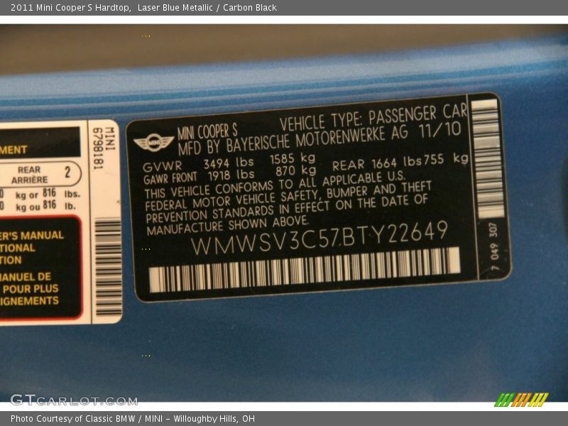 Laser Blue Metallic / Carbon Black 2011 Mini Cooper S Hardtop