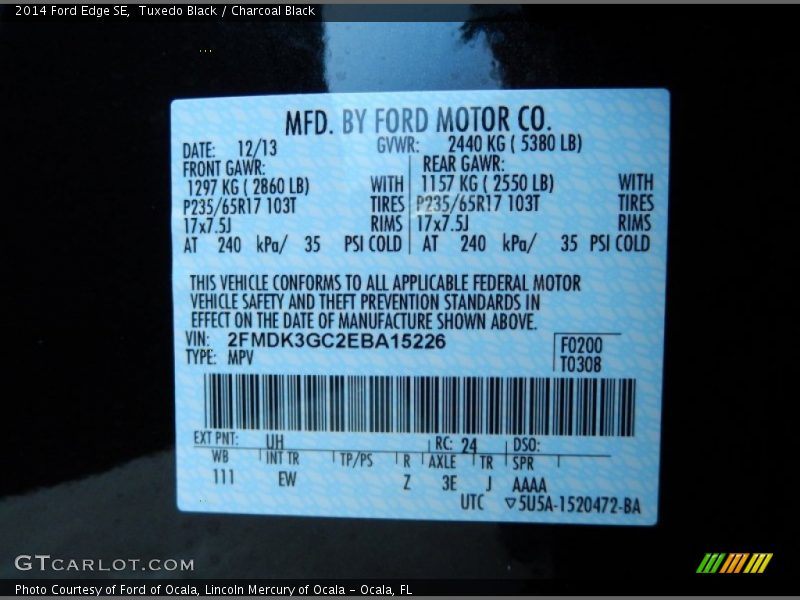 2014 Edge SE Tuxedo Black Color Code UH