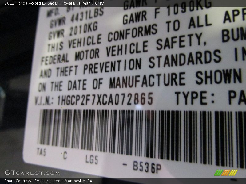 Royal Blue Pearl / Gray 2012 Honda Accord EX Sedan