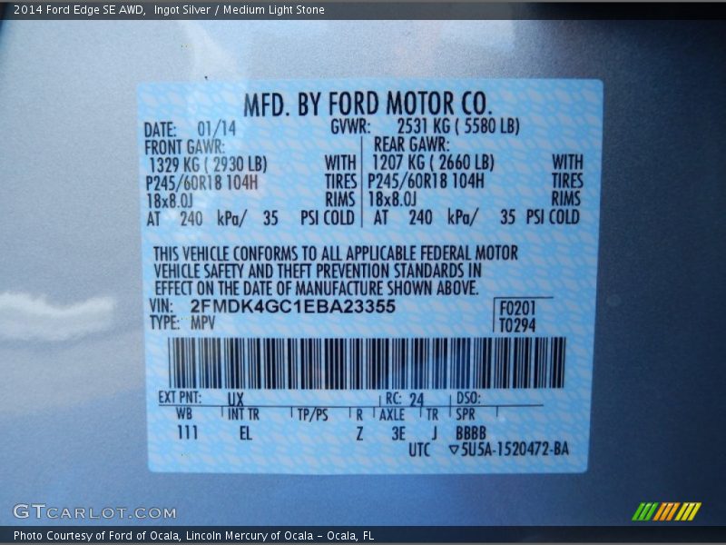 Ingot Silver / Medium Light Stone 2014 Ford Edge SE AWD
