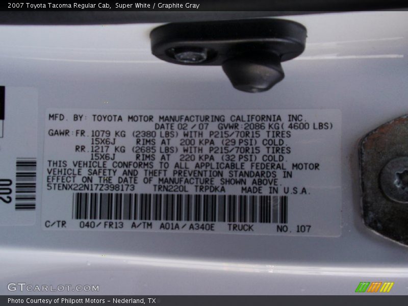 2007 Tacoma Regular Cab Super White Color Code 040