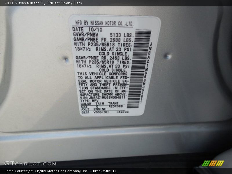 Brilliant Silver / Black 2011 Nissan Murano SL
