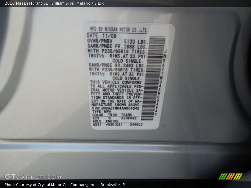 Brilliant Silver Metallic / Black 2010 Nissan Murano SL