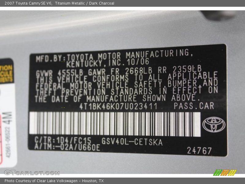 Titanium Metallic / Dark Charcoal 2007 Toyota Camry SE V6