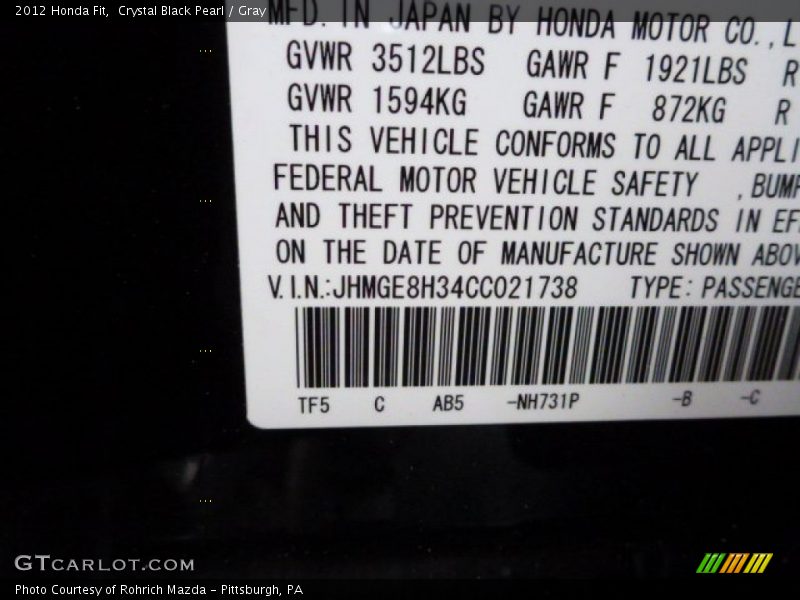 Crystal Black Pearl / Gray 2012 Honda Fit