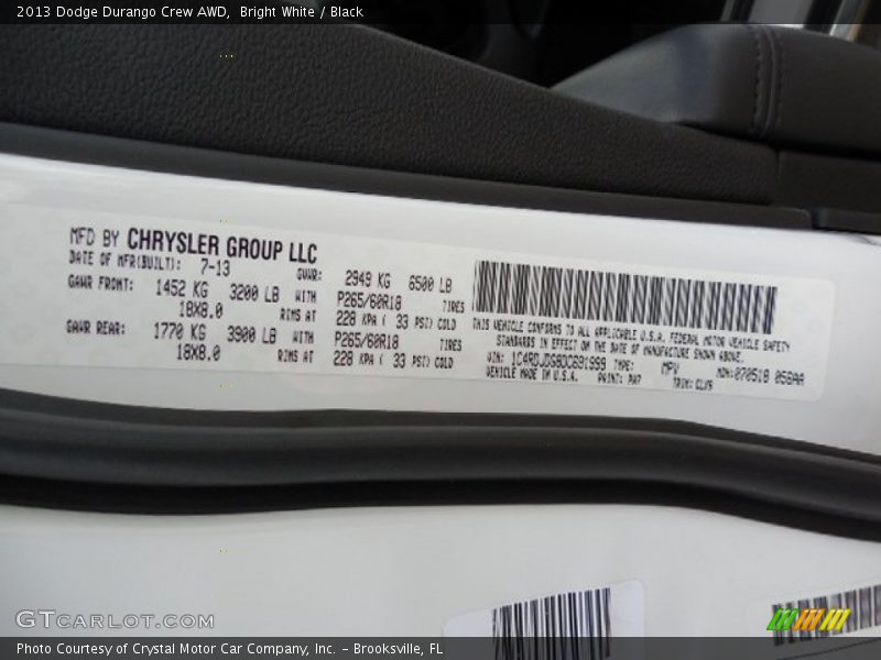 Bright White / Black 2013 Dodge Durango Crew AWD