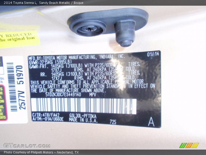 2014 Sienna L Sandy Beach Metallic Color Code 4T8