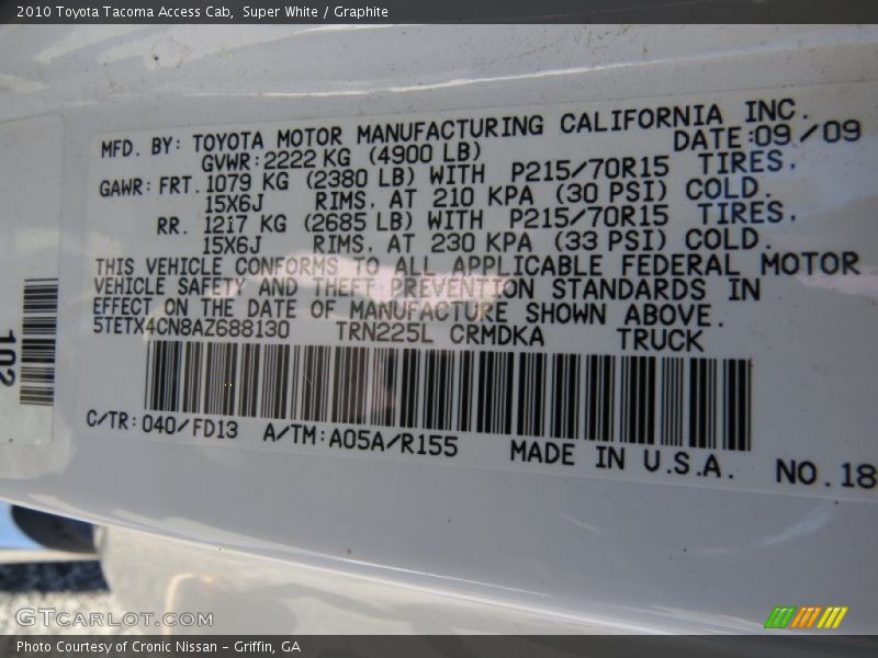 Super White / Graphite 2010 Toyota Tacoma Access Cab