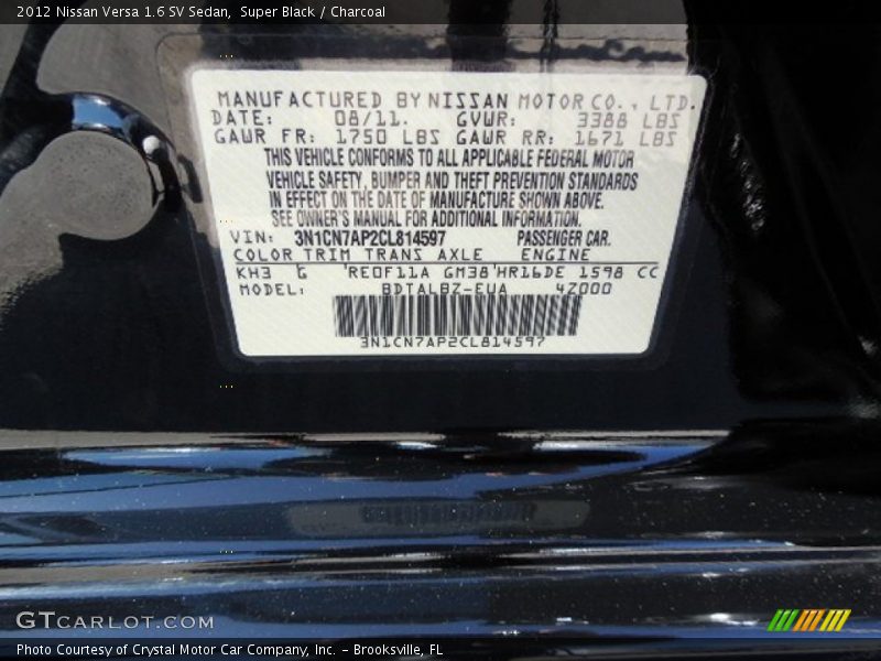 Super Black / Charcoal 2012 Nissan Versa 1.6 SV Sedan