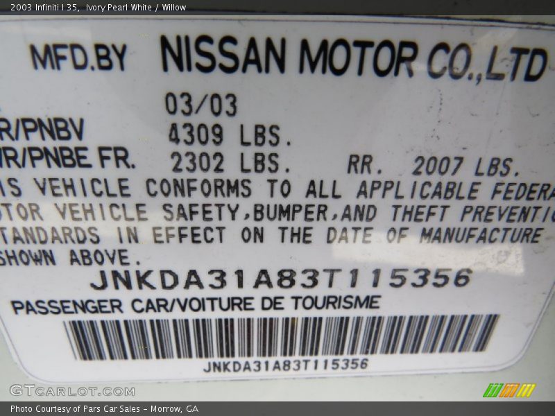 Ivory Pearl White / Willow 2003 Infiniti I 35