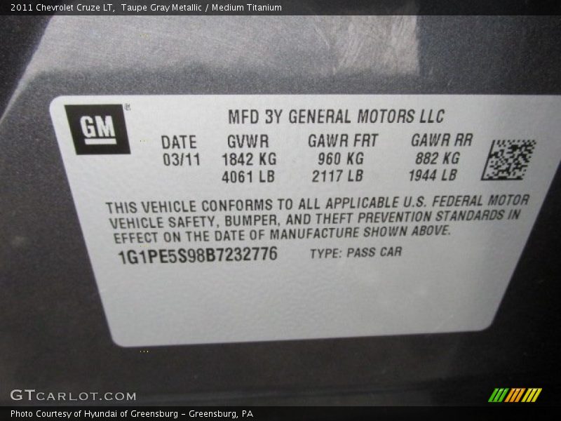 Taupe Gray Metallic / Medium Titanium 2011 Chevrolet Cruze LT