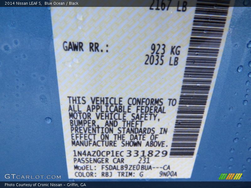 2014 LEAF S Blue Ocean Color Code RBJ