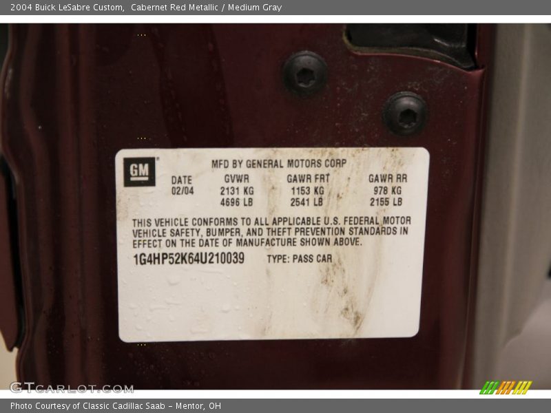 Cabernet Red Metallic / Medium Gray 2004 Buick LeSabre Custom