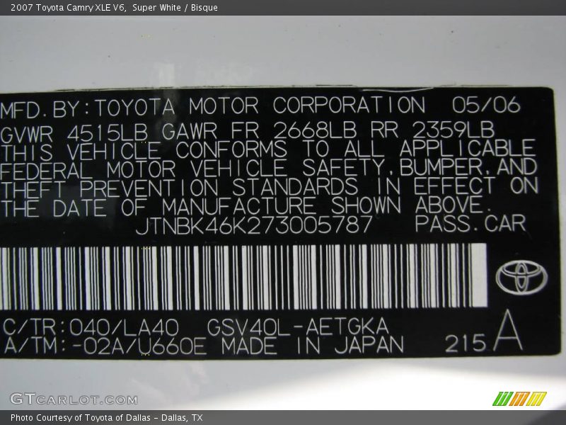 Super White / Bisque 2007 Toyota Camry XLE V6