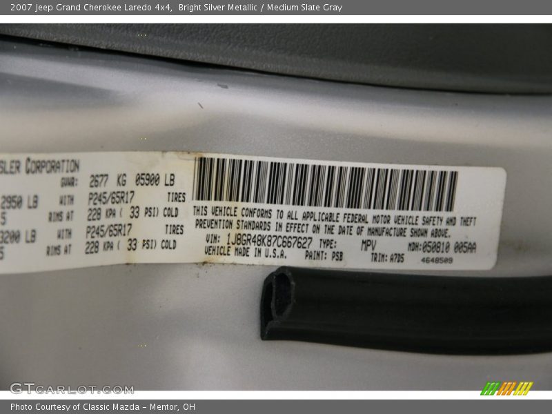 Bright Silver Metallic / Medium Slate Gray 2007 Jeep Grand Cherokee Laredo 4x4