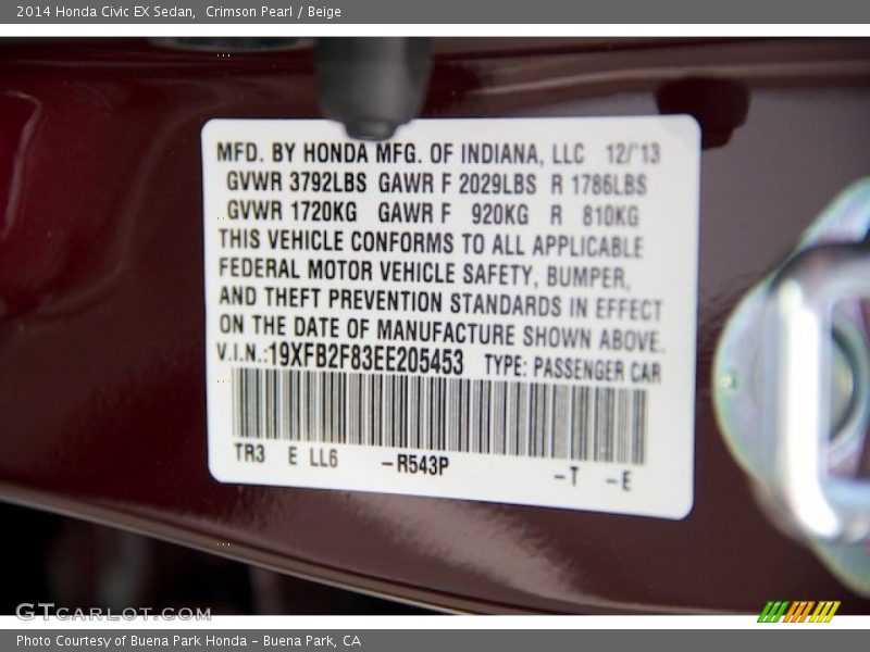 Crimson Pearl / Beige 2014 Honda Civic EX Sedan