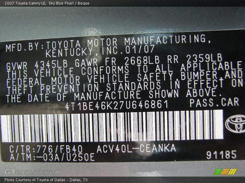 Sky Blue Pearl / Bisque 2007 Toyota Camry LE