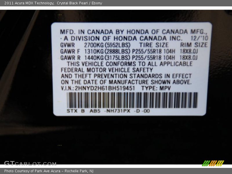 Crystal Black Pearl / Ebony 2011 Acura MDX Technology