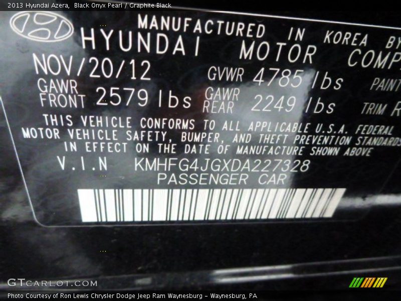 Black Onyx Pearl / Graphite Black 2013 Hyundai Azera