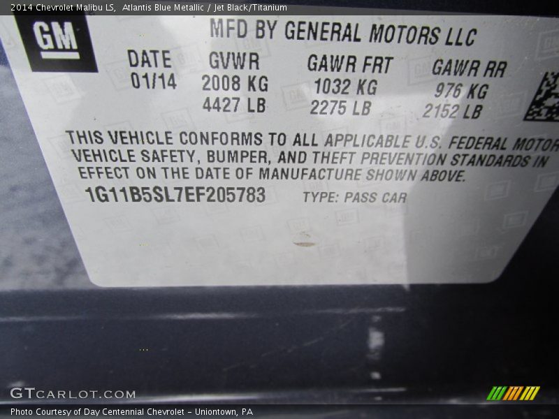 Atlantis Blue Metallic / Jet Black/Titanium 2014 Chevrolet Malibu LS