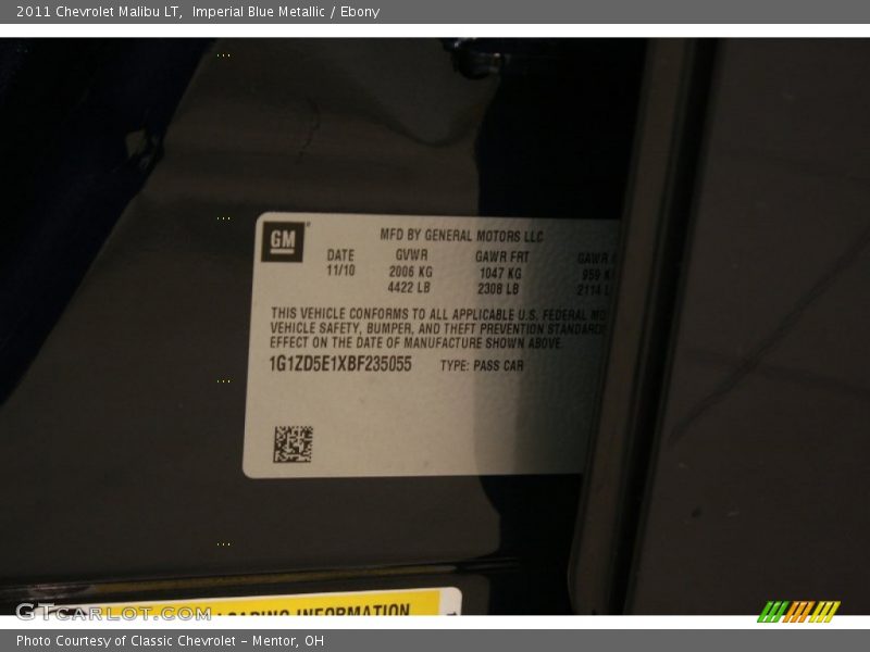 Imperial Blue Metallic / Ebony 2011 Chevrolet Malibu LT