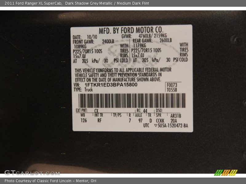 2011 Ranger XL SuperCab Dark Shadow Grey Metallic Color Code CX
