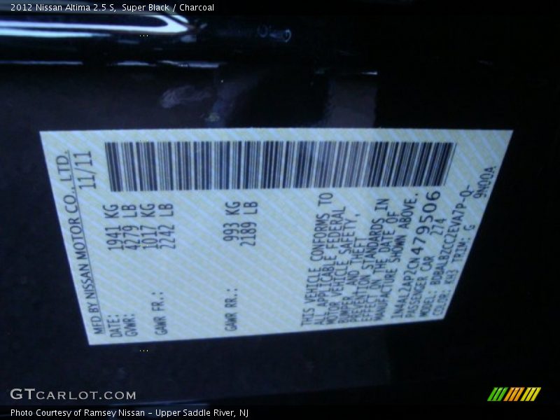 Super Black / Charcoal 2012 Nissan Altima 2.5 S