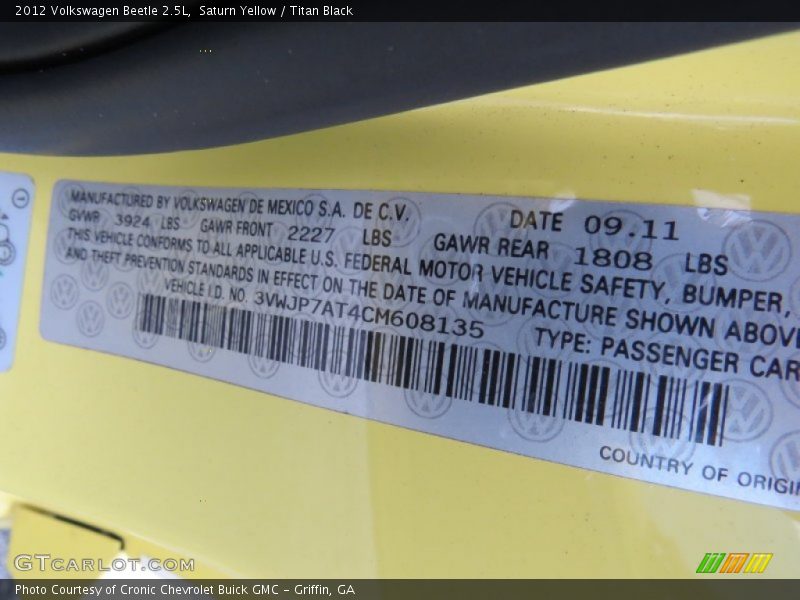 Saturn Yellow / Titan Black 2012 Volkswagen Beetle 2.5L