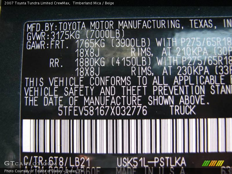 Timberland Mica / Beige 2007 Toyota Tundra Limited CrewMax
